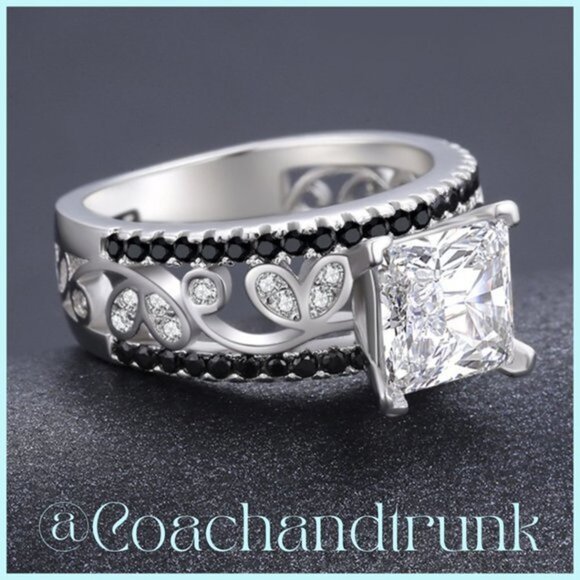 Square Princess Cut Sterling Silver Hallmark Black Spinel & Diamond Ring Size 6 - Picture 3 of 4
